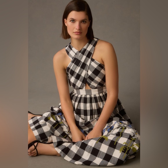 🌼🌿 Anthropologie Gingham Halter Dress Sz M - Picture 3 of 9